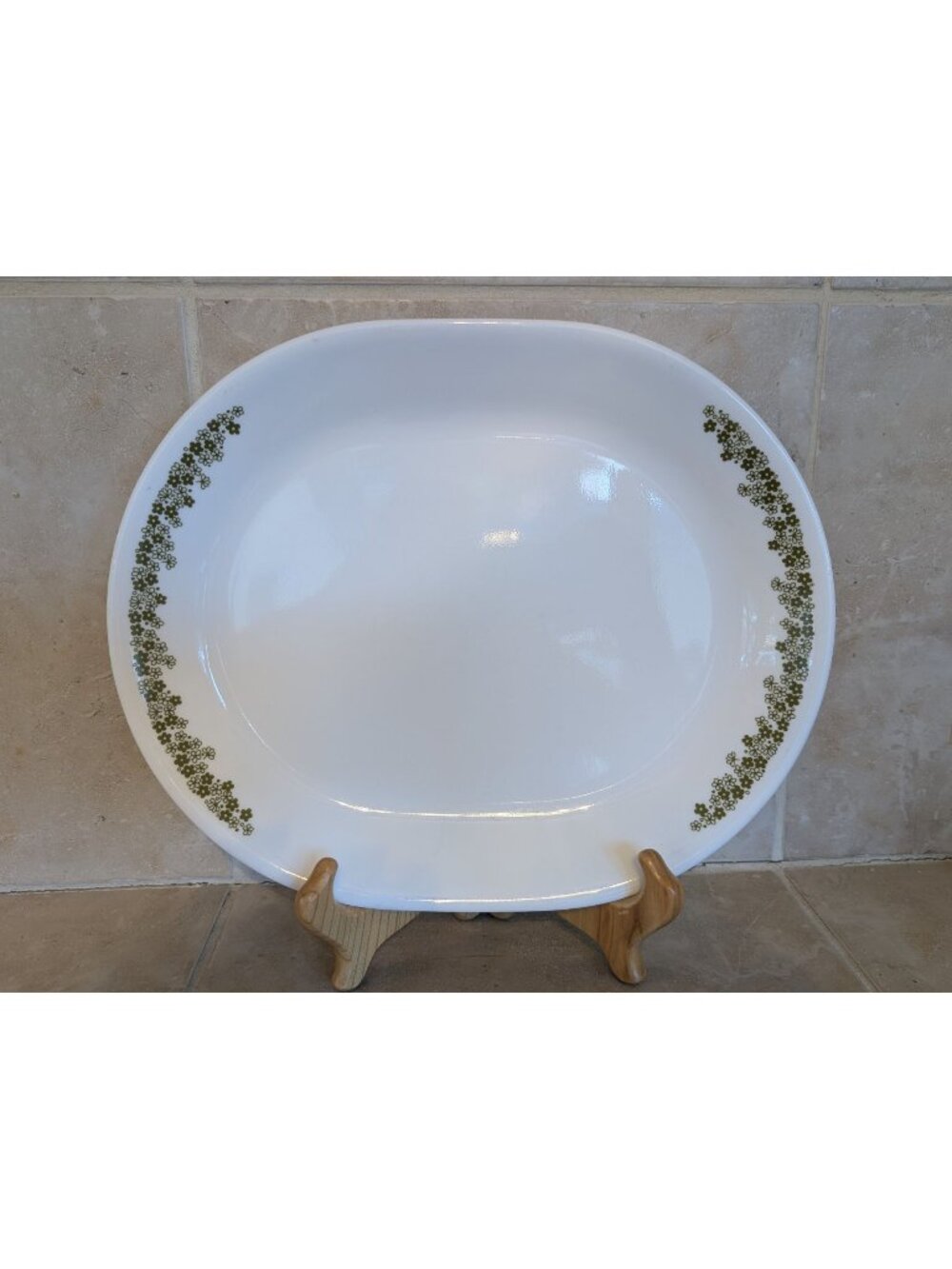 Vintage Corelle White Oval Platter Spring Blossom Green Pattern aka Crazy Daisy